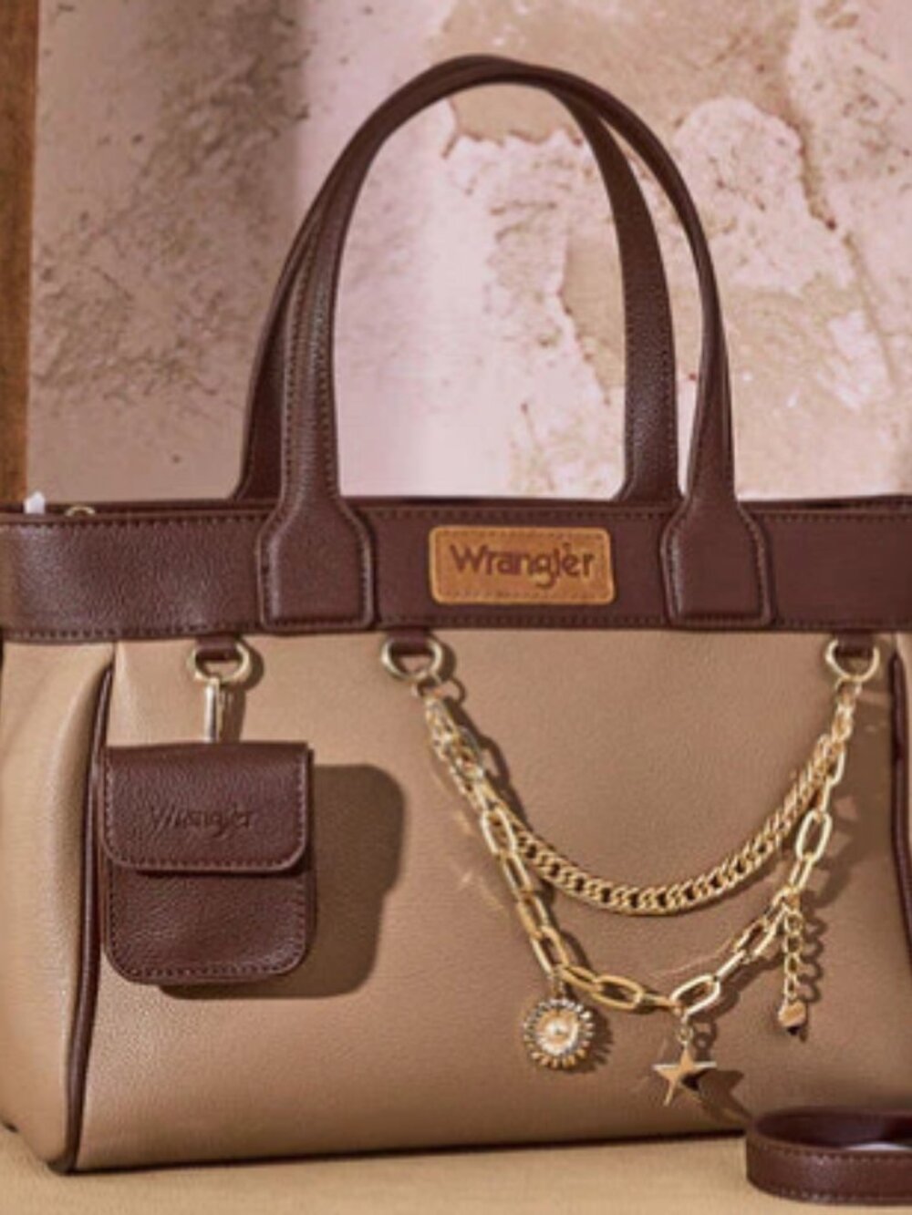 Wrangler Color Block Tote with Chain Charm & Pouch, Coffee NWT